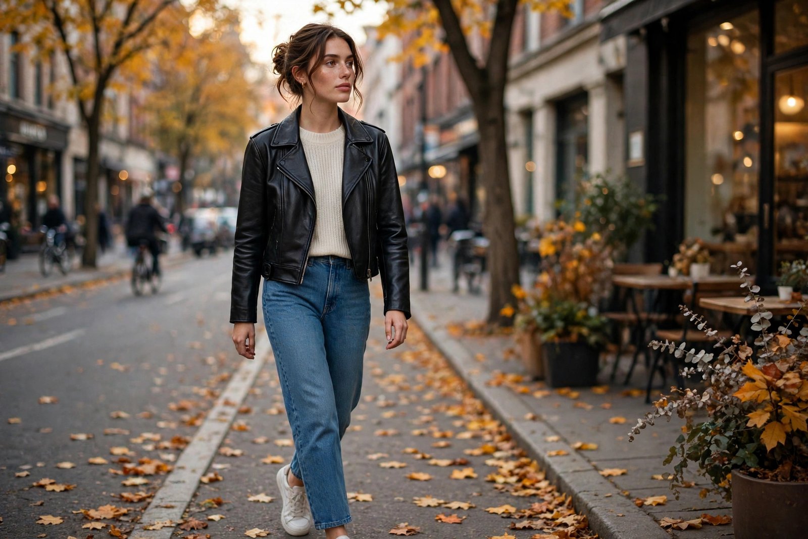 Woman in a black cropped leather jacket with a cream knit top and straight-leg jeans on a city street in soft autumn light, photorealistic editorial fashion photography