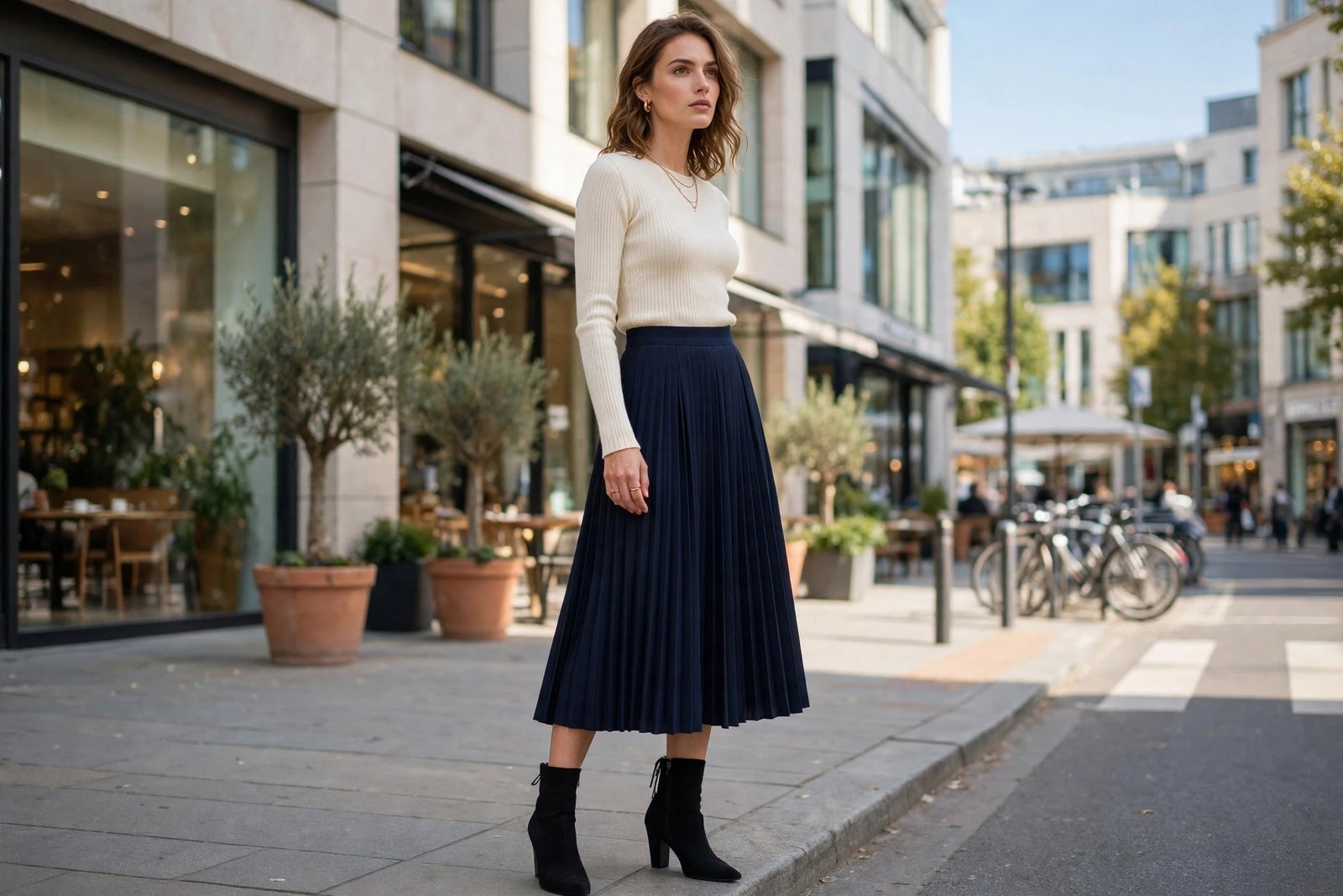 Woman in a navy pleated midi skirt with a cream fitted knit top and heeled ankle boots in a bright city setting, photorealistic editorial fashion photography