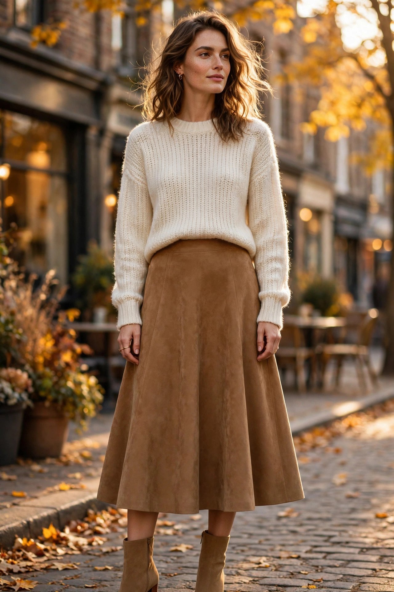 Woman wearing a camel suede A-line midi skirt with a cream knit sweater and tan ankle boots, standing in warm autumn light