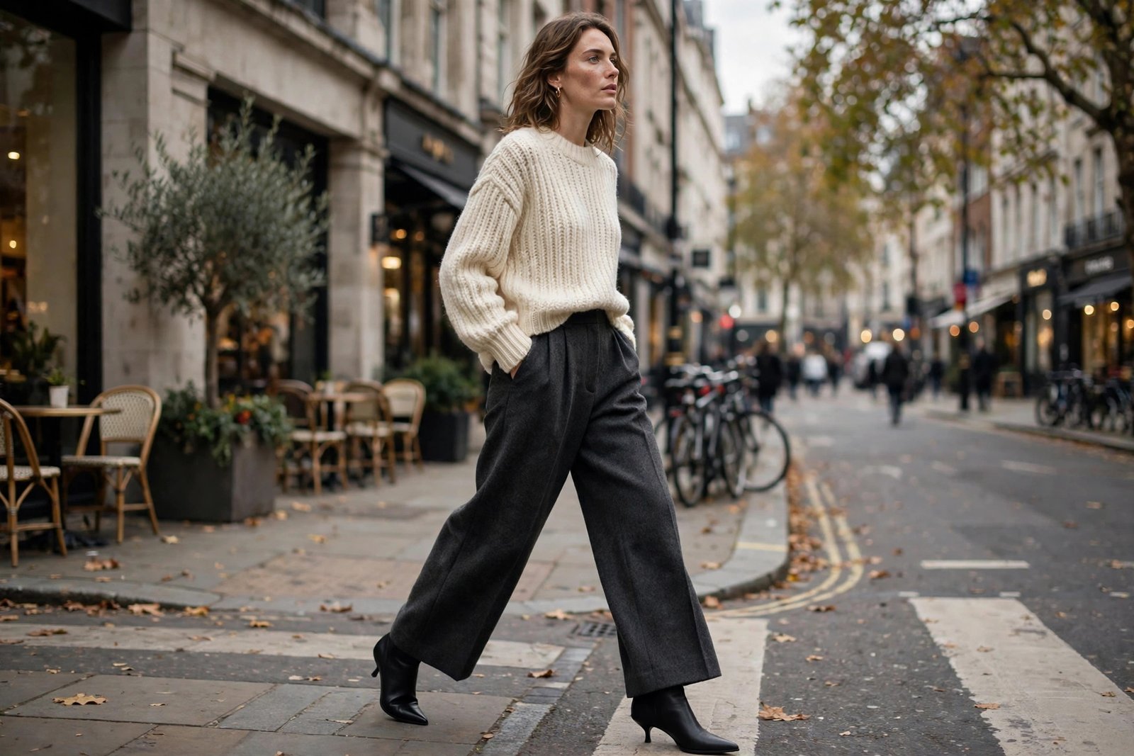 Woman in charcoal wide-leg wool trousers with a cream knit sweater and pointed ankle boots in a city setting, photorealistic editorial fashion photography